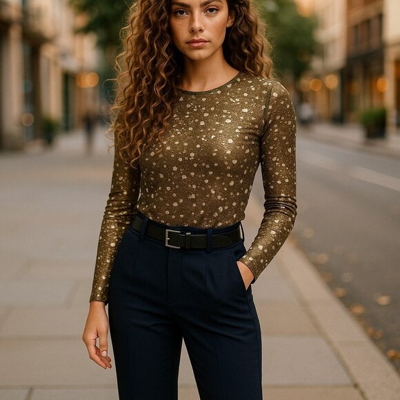 ZARA Black Gold Metallic Confetti Long Sleeve Top L Stretch Nylon Tee Rave Punk - Picture 10 of 10